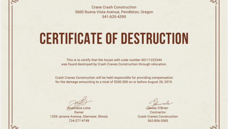 Certyficat of Destruction Rejestracja